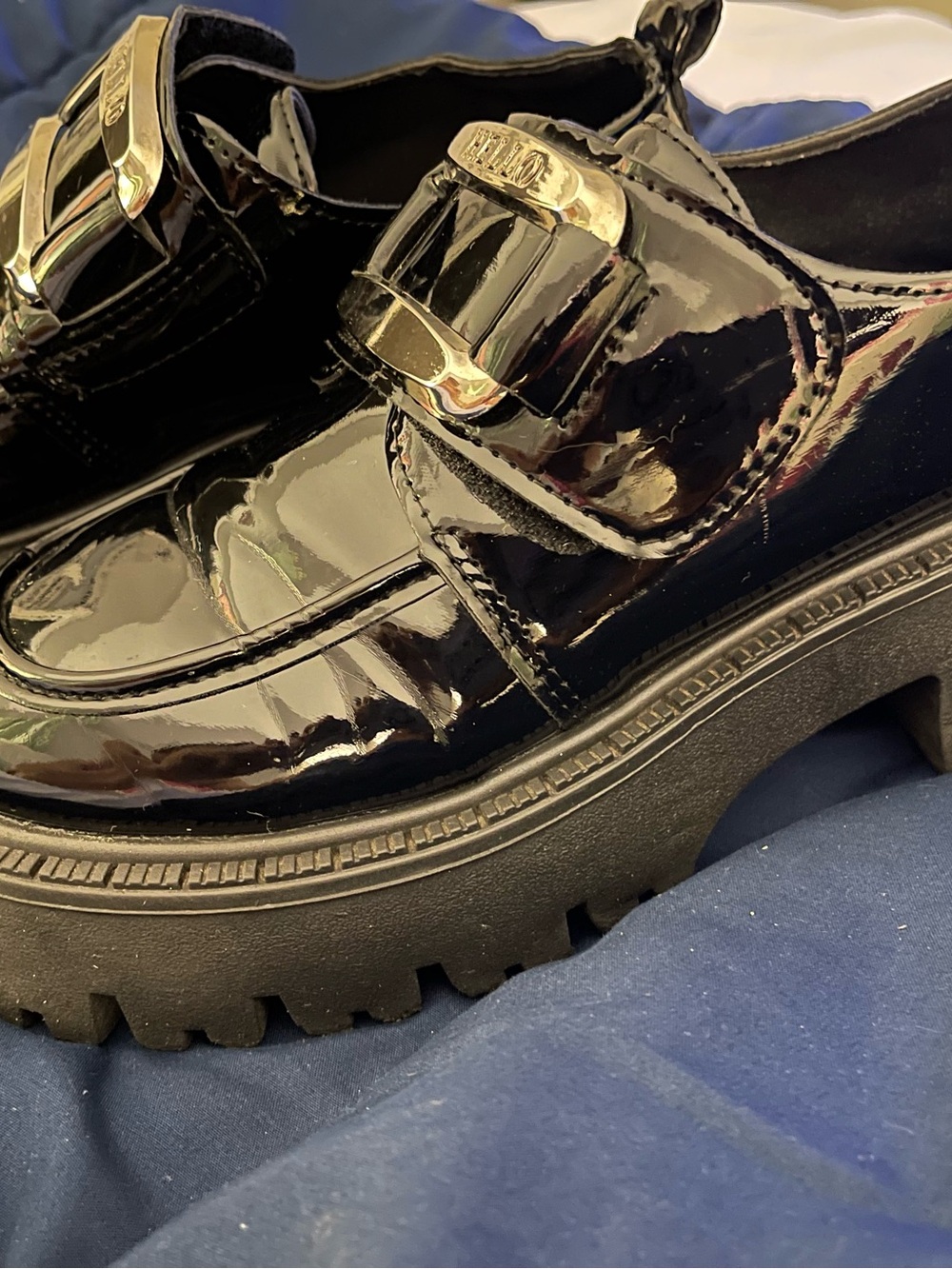 Patent Leather Lug Sole Loafers with Gold Buckle